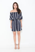 Load image into Gallery viewer, Aggie Stripe Off Shoulder Romper in Navy Blue
