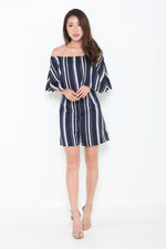 Load image into Gallery viewer, Aggie Stripe Off Shoulder Romper in Navy Blue
