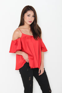 Lolita Ruffle Cold Shoulder Top in Red