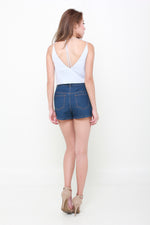 Load image into Gallery viewer, Tae Embroidery Shorts in Dark Denim Blue
