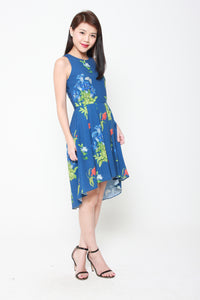 Andrea Floral Dip Hem Dress in Blue