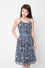Load image into Gallery viewer, Hailey Lace Lattice Midi Skater Dress in Blue/White
