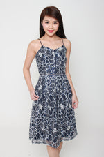 Load image into Gallery viewer, Hailey Lace Lattice Midi Skater Dress in Blue/White
