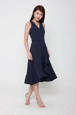 Load image into Gallery viewer, Aubree Sleeveless Ruffle Wrap Dress in Blue
