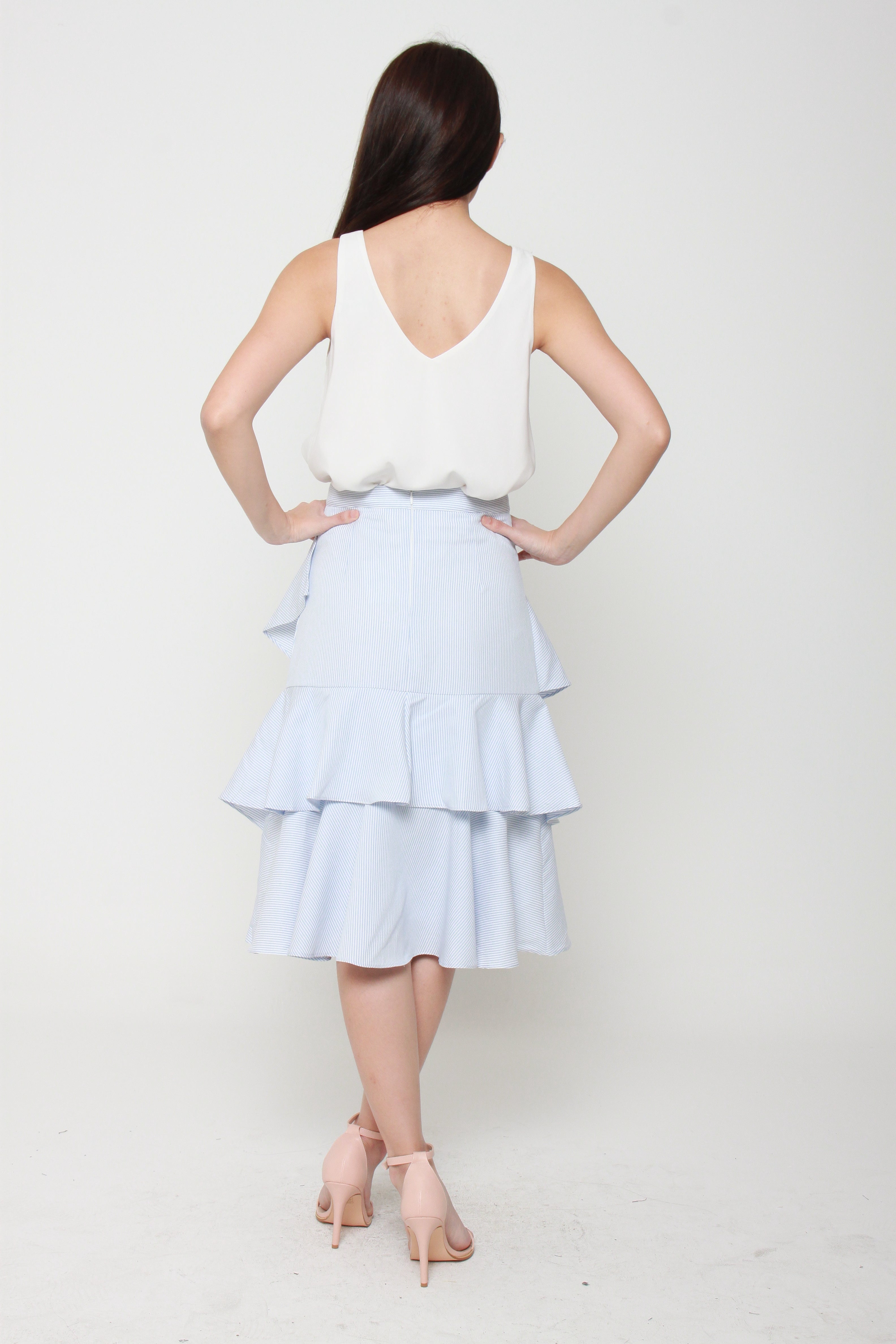 Emily Stripe Layer Ruffle Skirt in Blue / White