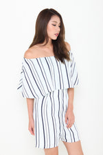 Load image into Gallery viewer, Aggie Stripe Off Shoulder Romper in Light Blue
