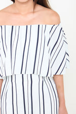 Load image into Gallery viewer, Aggie Stripe Off Shoulder Romper in Light Blue
