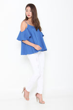Load image into Gallery viewer, Lolita Ruffle Cold Shoulder Top in Blue
