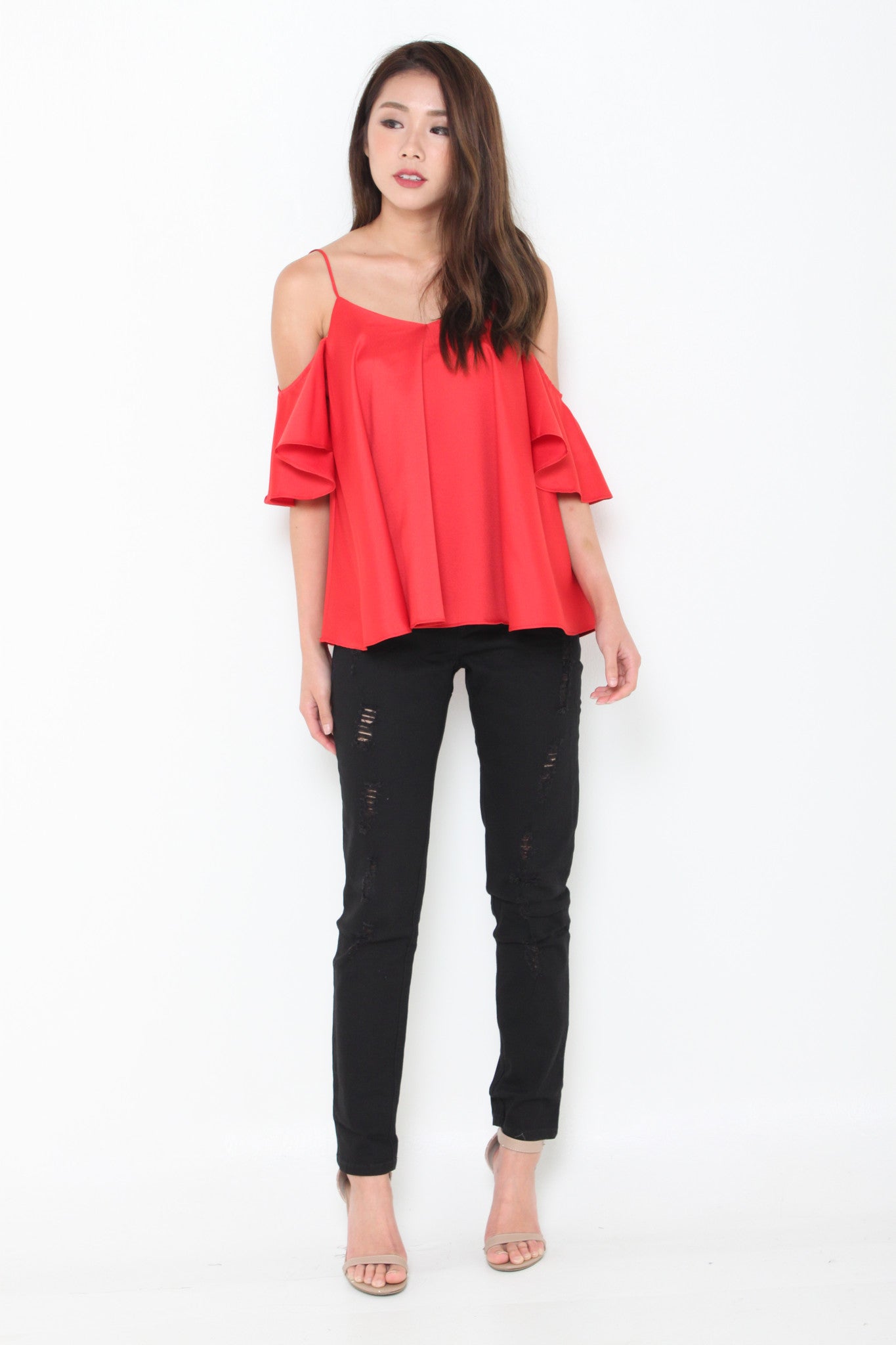 Lolita Ruffle Cold Shoulder Top in Red