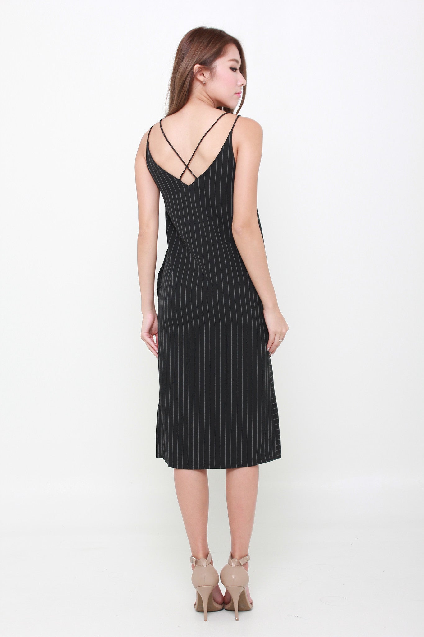 Suzy Pin Stripe Cross Back Dress in Black