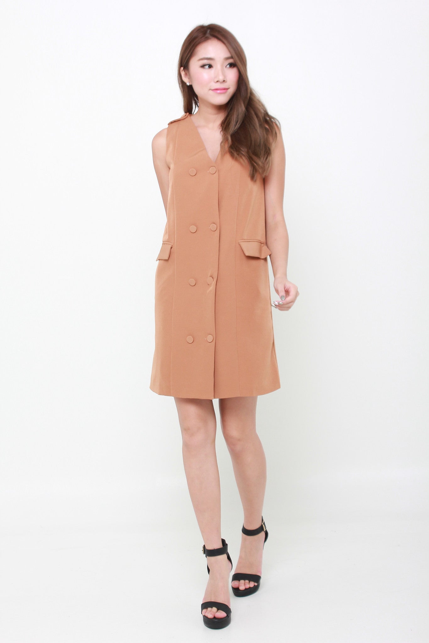 Gigi Button Trench Dress in Camel