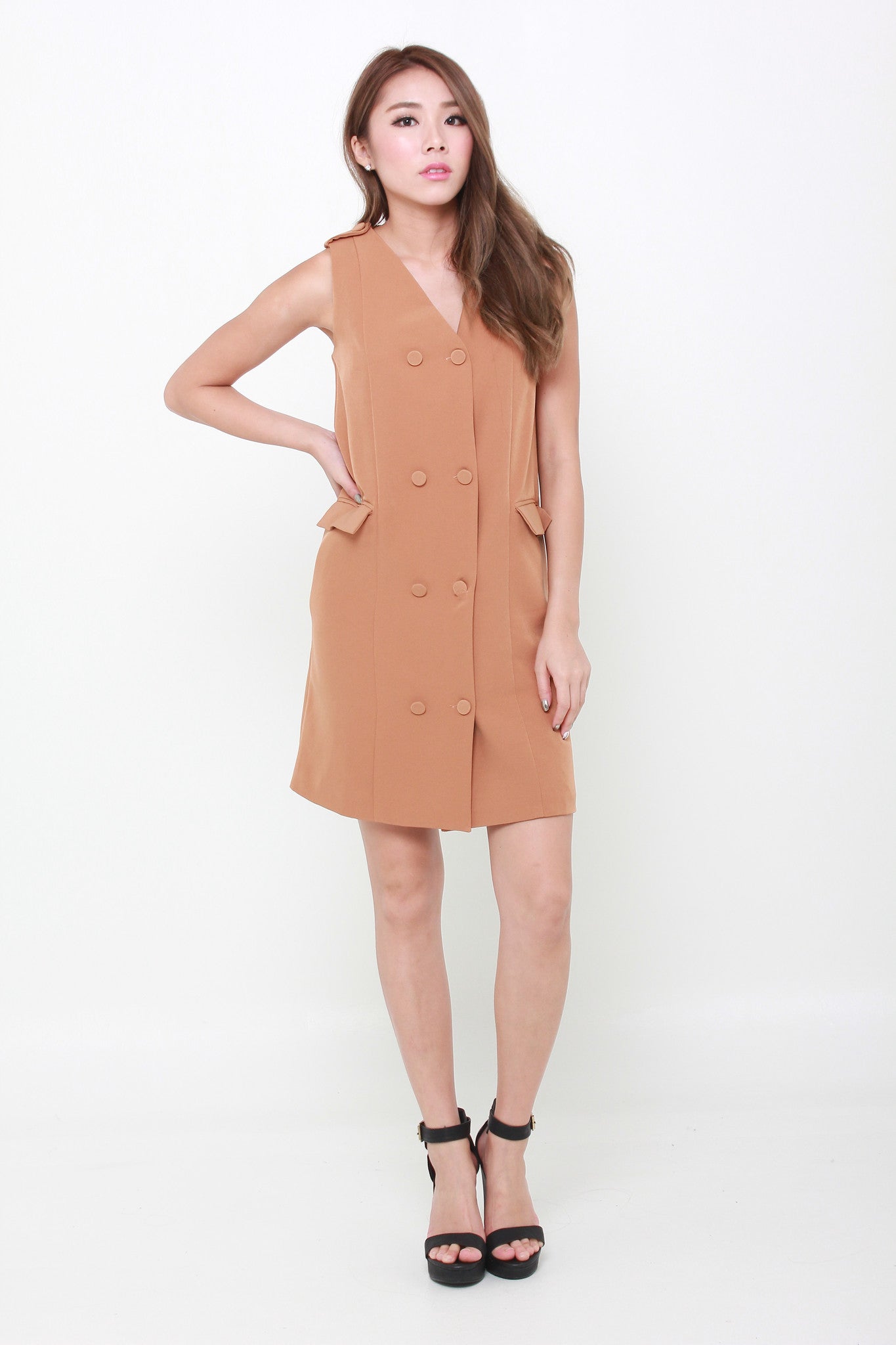 Gigi Button Trench Dress in Camel