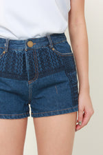 Load image into Gallery viewer, Tae Embroidery Shorts in Dark Denim Blue
