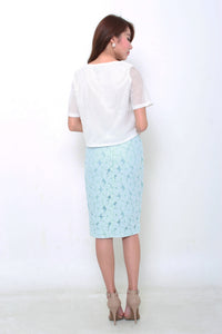 Kira Lace Pencil Slit Skirt in Light Blue