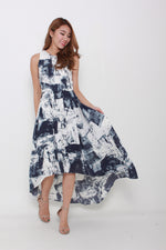 Load image into Gallery viewer, Teri Mono Abstract Train Dress in Blue
