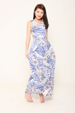Load image into Gallery viewer, Lila Tropical Floral Pleat Maxi Dress in Blue
