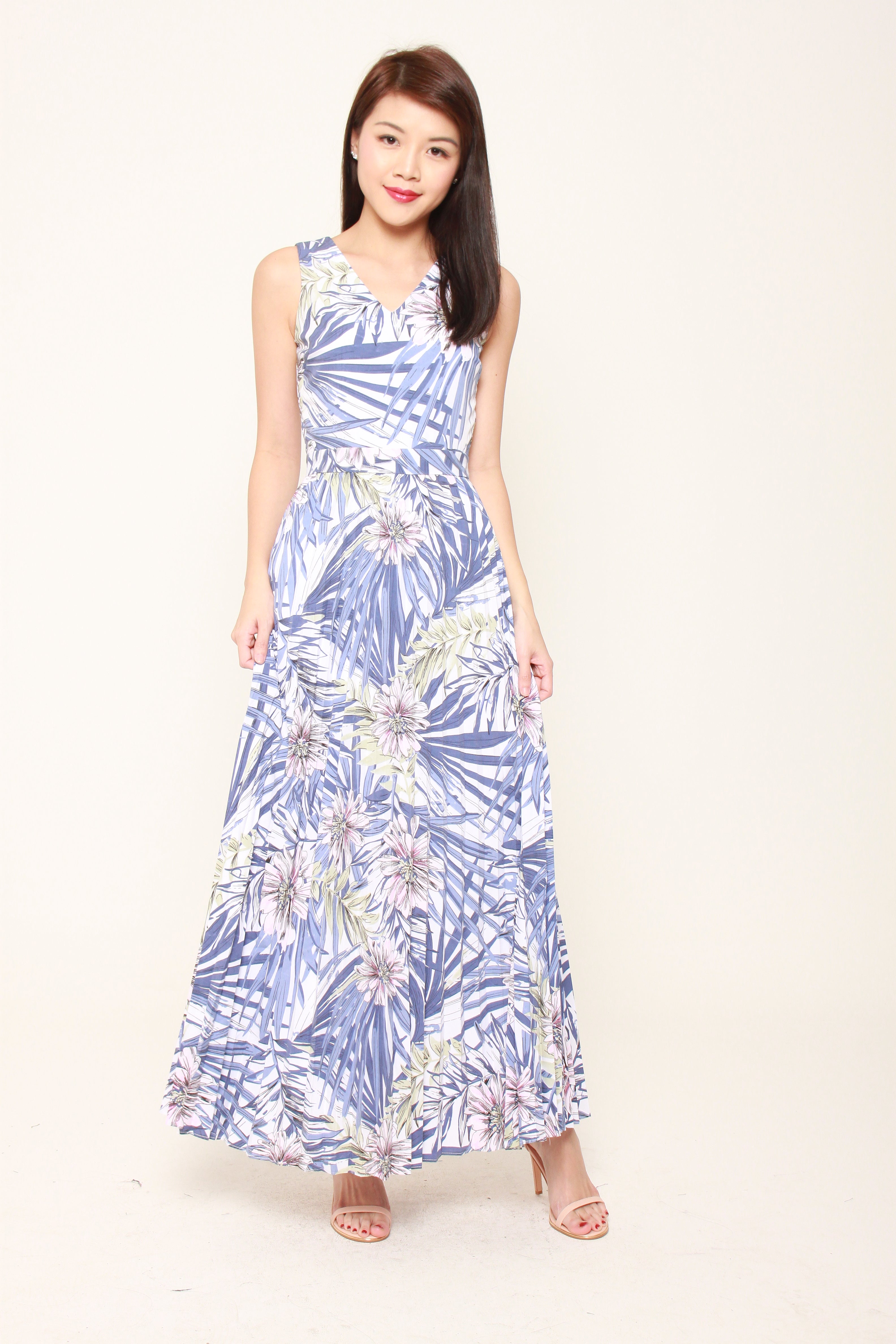 Lila Tropical Floral Pleat Maxi Dress in Blue