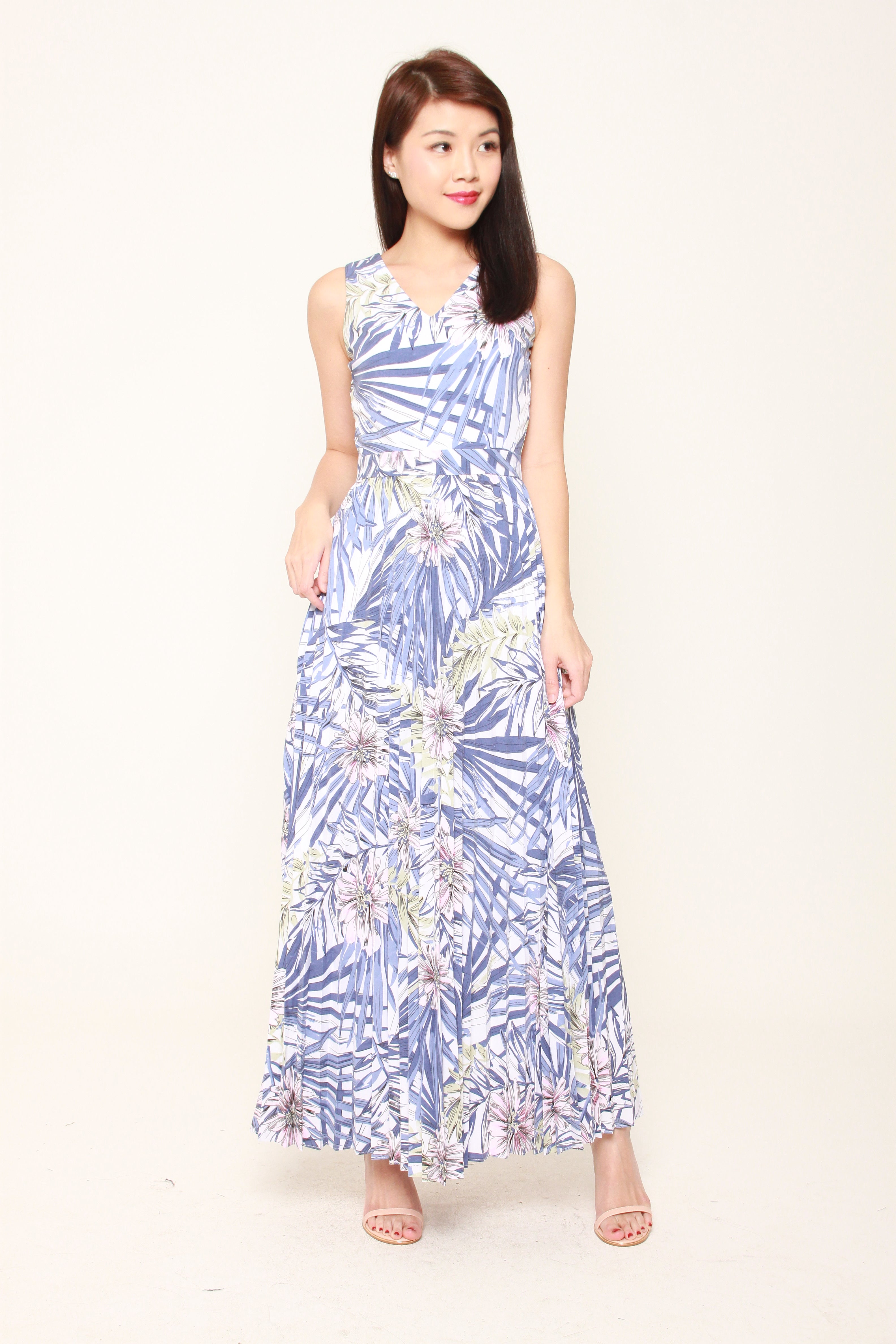 Lila Tropical Floral Pleat Maxi Dress in Blue