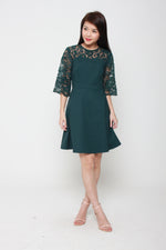 Load image into Gallery viewer, Everlyn Flare Belle Sleeve Lace Dress in Forest Green
