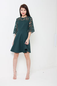 Everlyn Flare Belle Sleeve Lace Dress in Forest Green