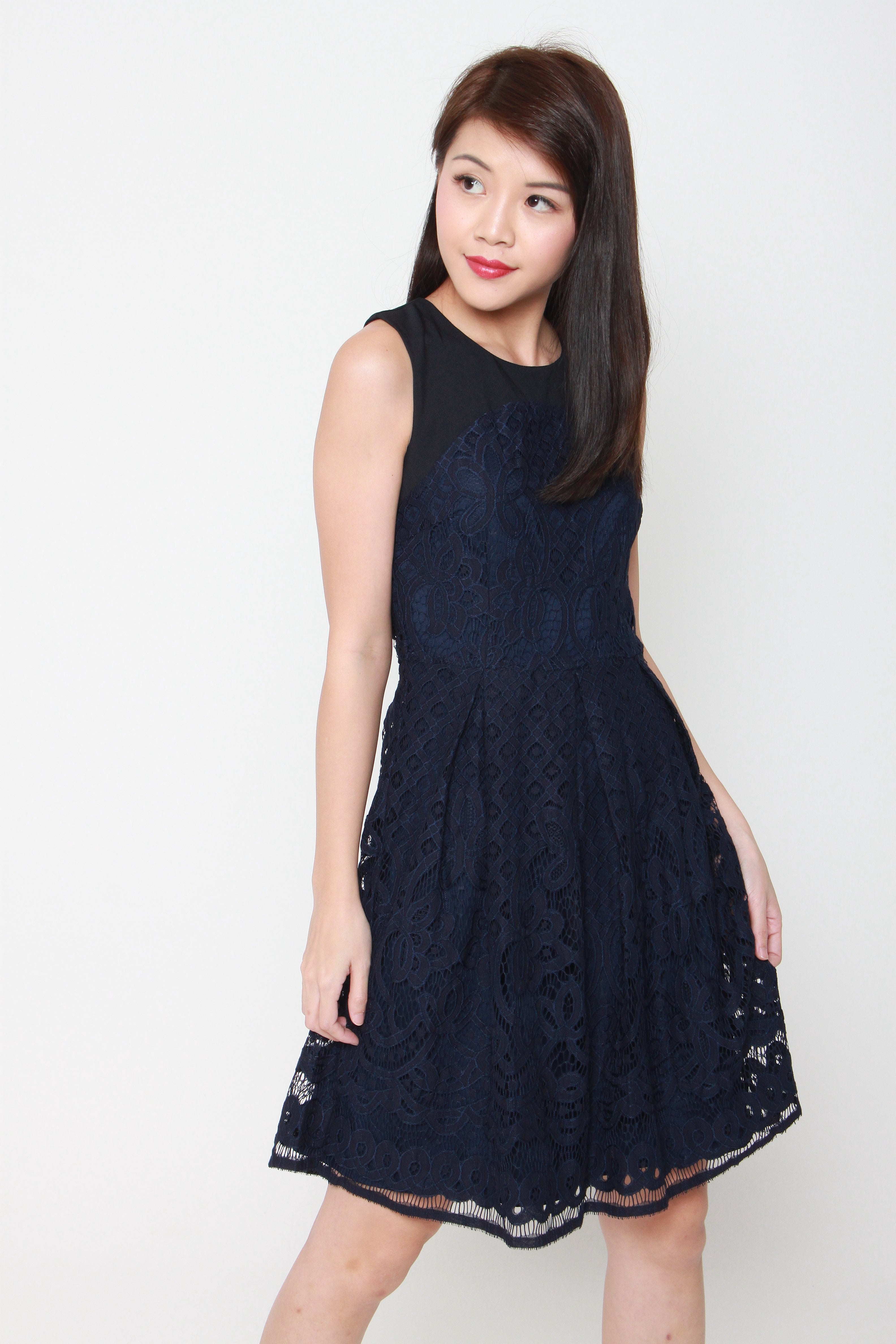 Luna Panel Lace Dress in Navy