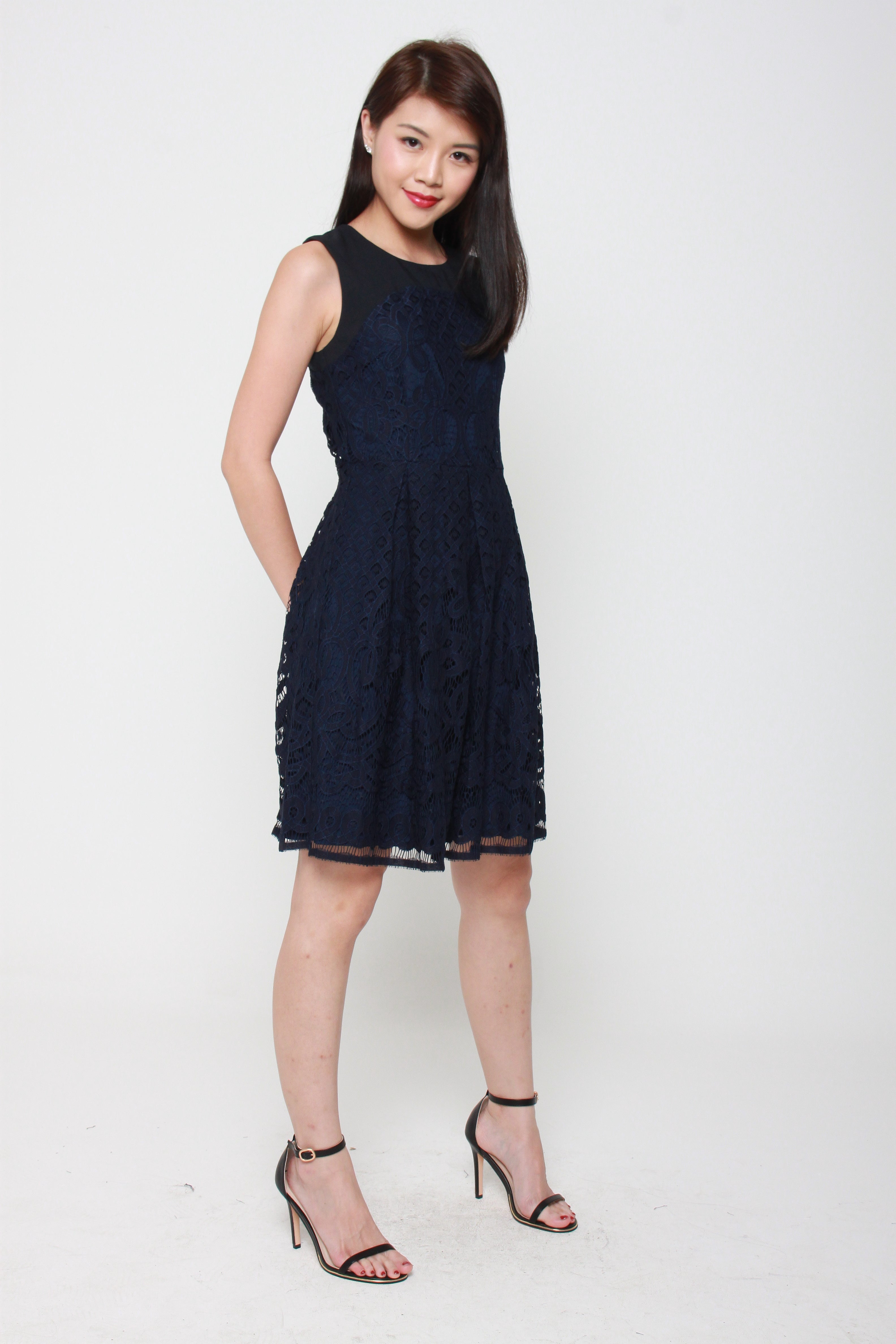 Luna Panel Lace Dress in Navy