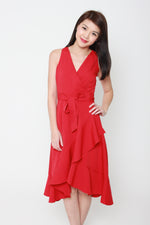 Load image into Gallery viewer, Aubree Sleeveless Ruffle Wrap Dress in Red
