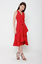 Load image into Gallery viewer, Aubree Sleeveless Ruffle Wrap Dress in Red
