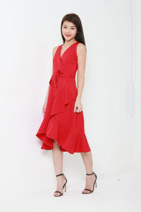 Aubree Sleeveless Ruffle Wrap Dress in Red