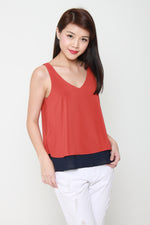 Load image into Gallery viewer, Evelyn Color Block Reversible V Neck Top in Camel / Blue
