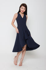 Load image into Gallery viewer, Aubree Sleeveless Ruffle Wrap Dress in Blue
