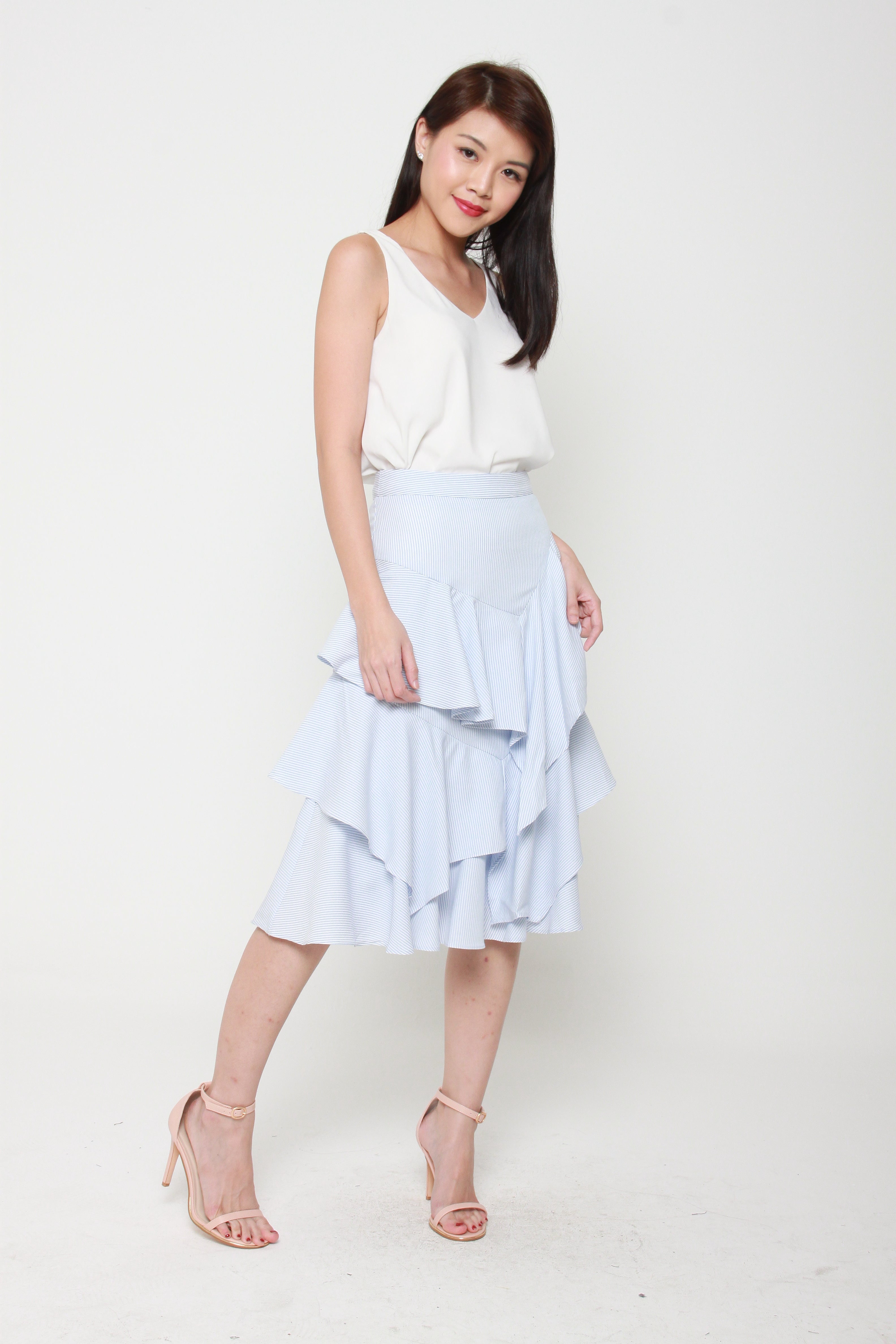 Emily Stripe Layer Ruffle Skirt in Blue / White