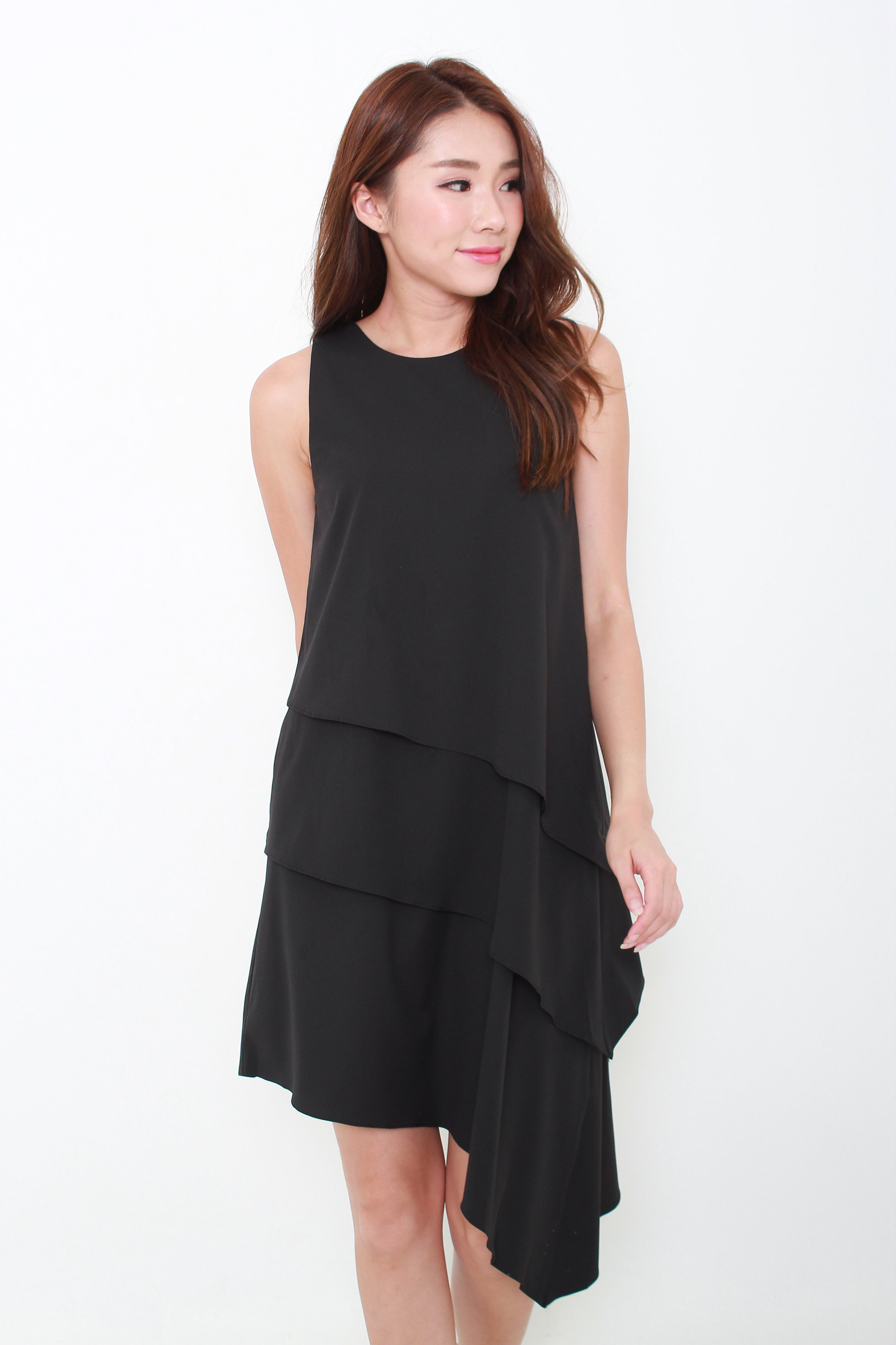 Eva Tiered Asymmetrical Dress in Black