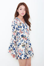 Load image into Gallery viewer, Lyric Floral Bell Sleeve Romper in Beige
