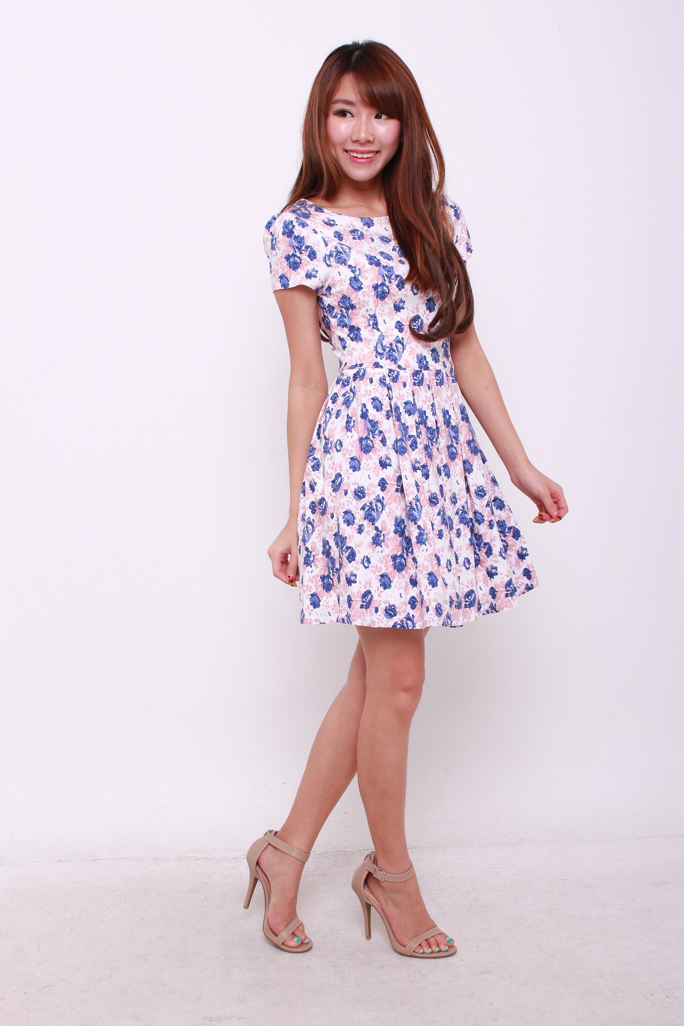 Wilma Floral Skater Dress in Peach/Blue