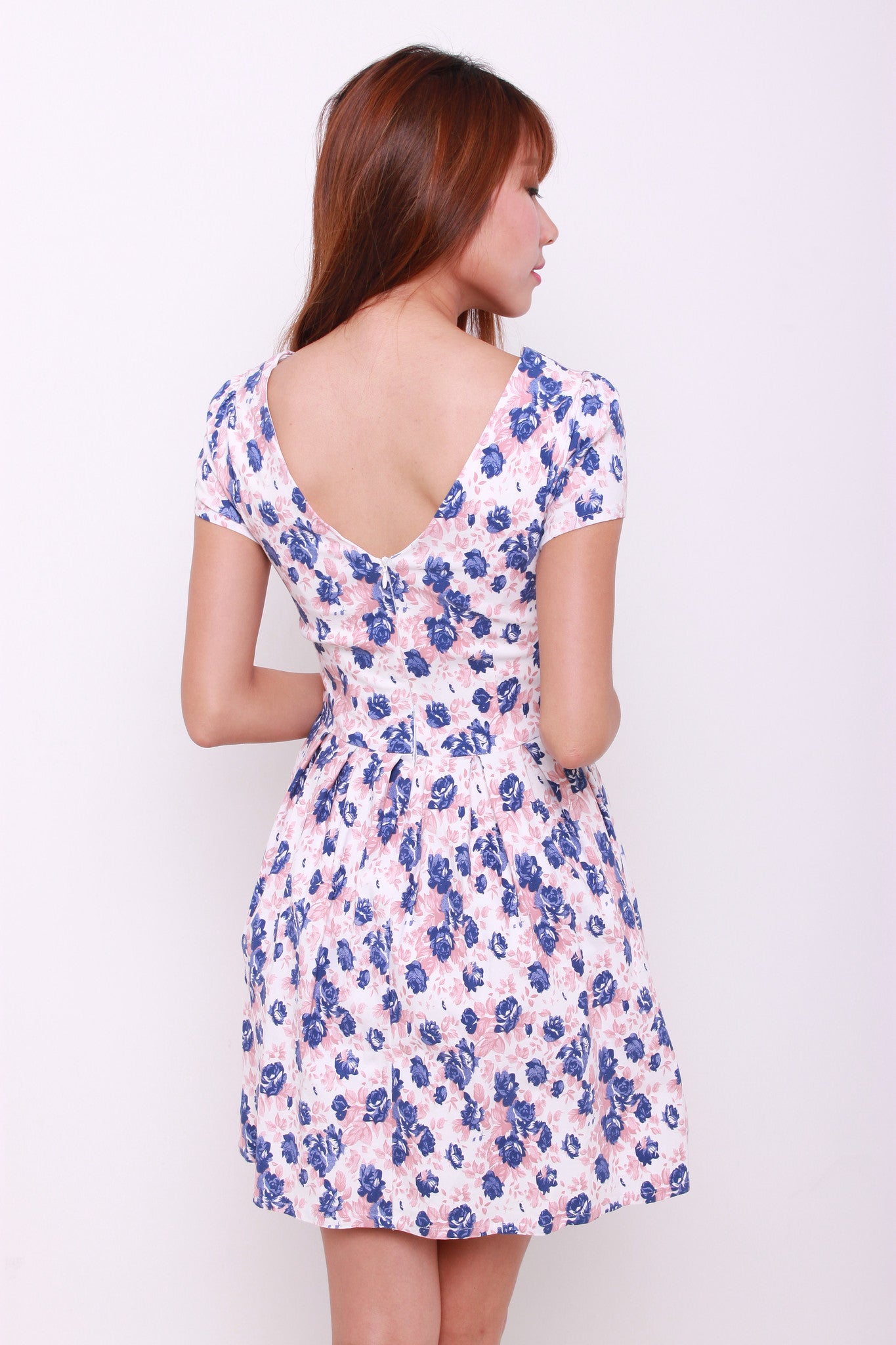 Wilma Floral Skater Dress in Peach/Blue